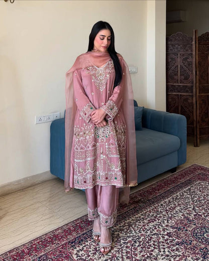 Royal Rose Dust Elegance Handcrafted Embroidered Suit Set