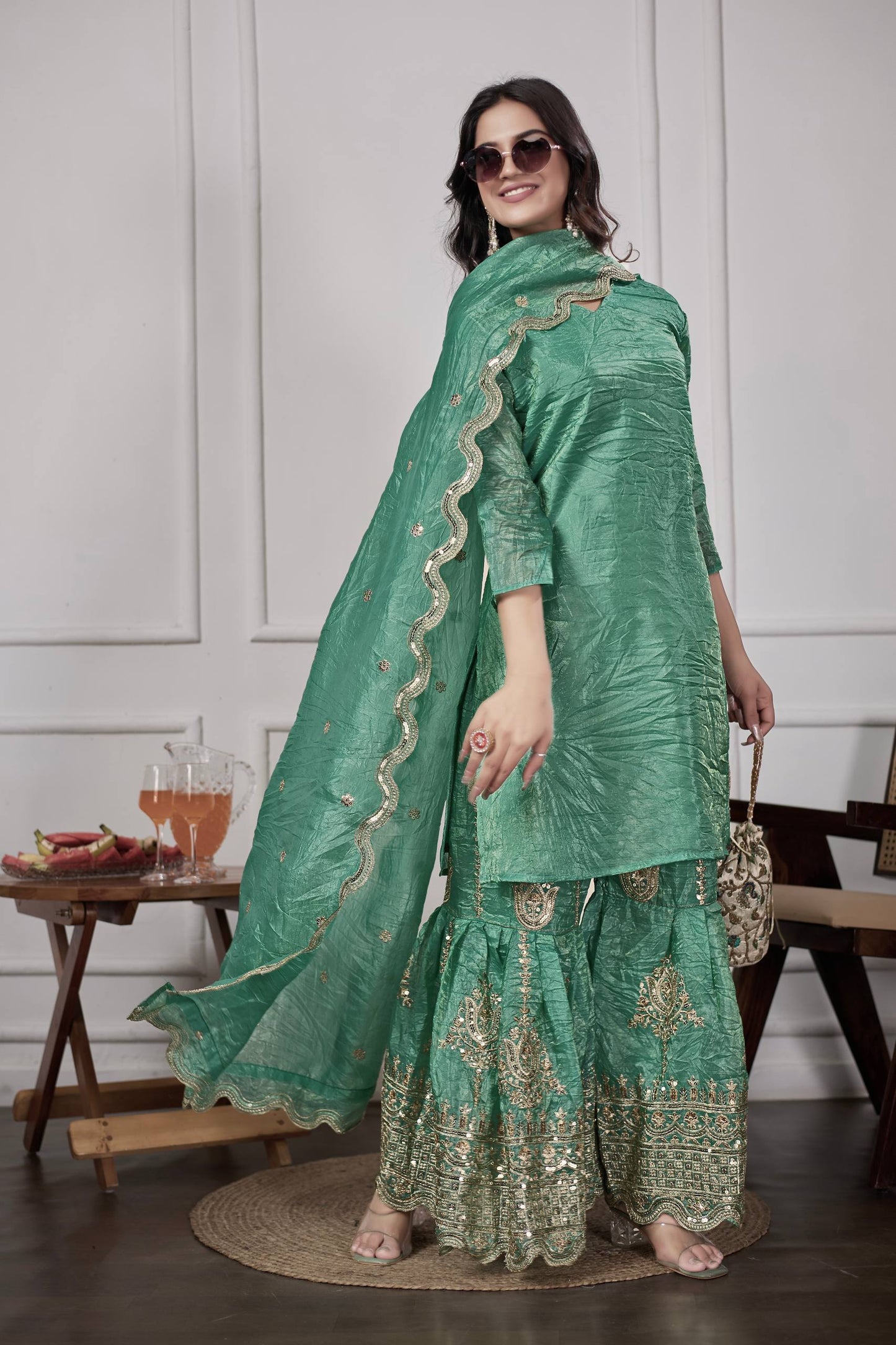 Festive Green Silk Sharara Suit with Dupatta