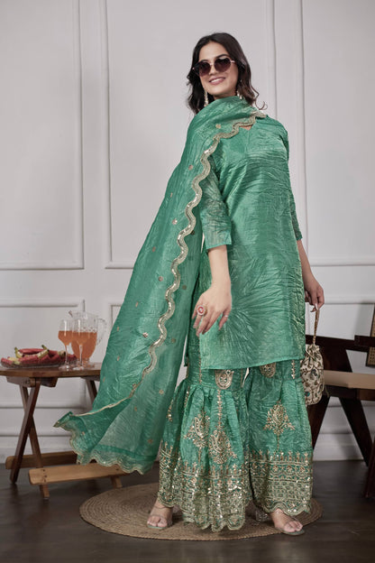 Festive Green Silk Sharara Suit with Dupatta