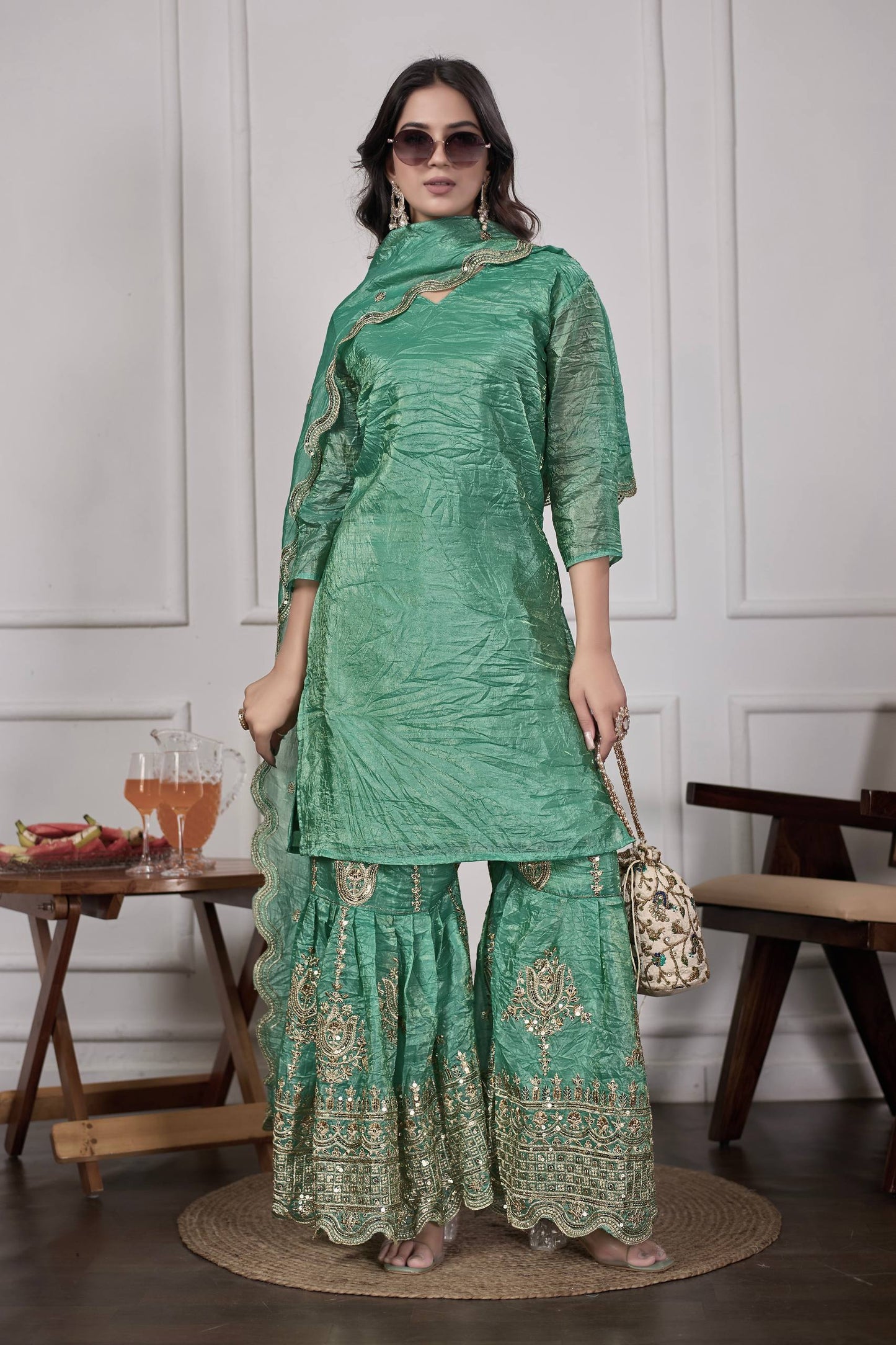 Festive Green Silk Sharara Suit with Dupatta