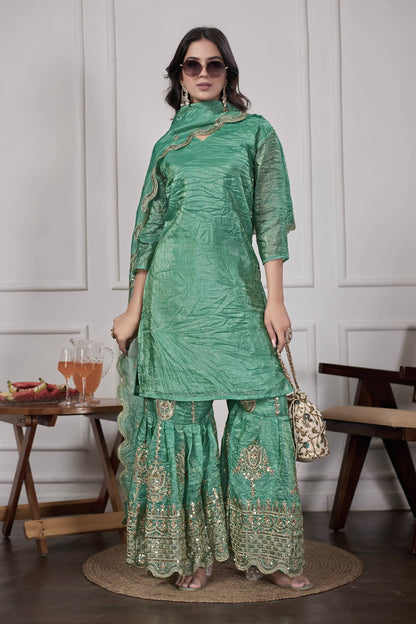 Festive Green Silk Sharara Suit with Dupatta