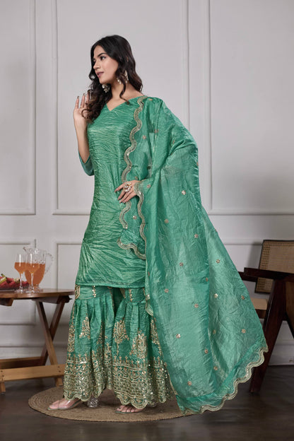 Festive Green Silk Sharara Suit with Dupatta
