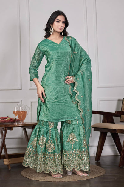 Festive Green Silk Sharara Suit with Dupatta