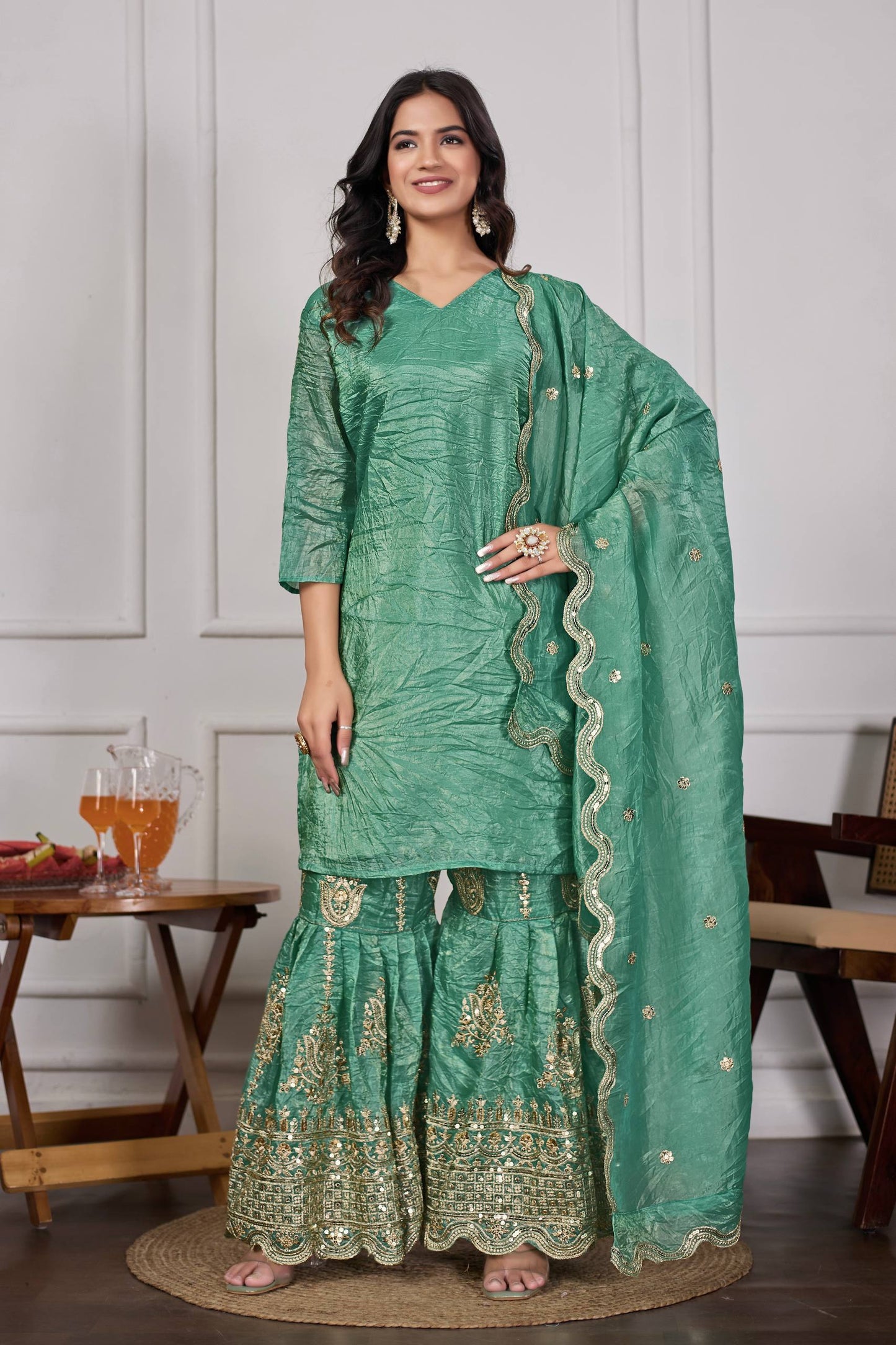 Festive Green Silk Sharara Suit with Dupatta