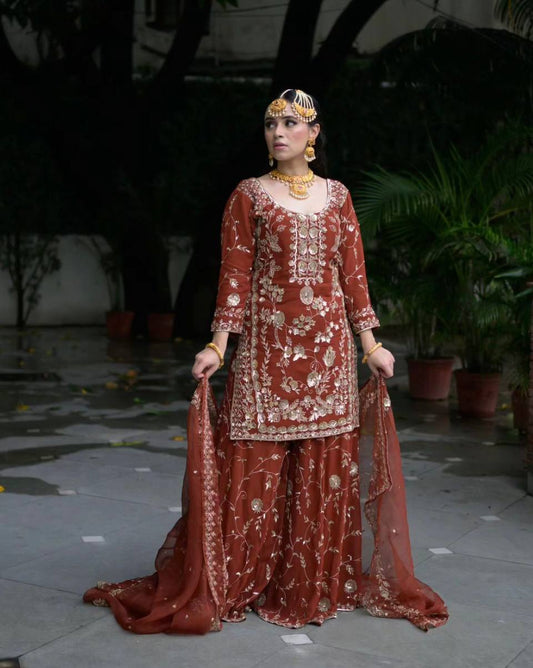 Royal Heritage Rust Embroidered Sharara Set