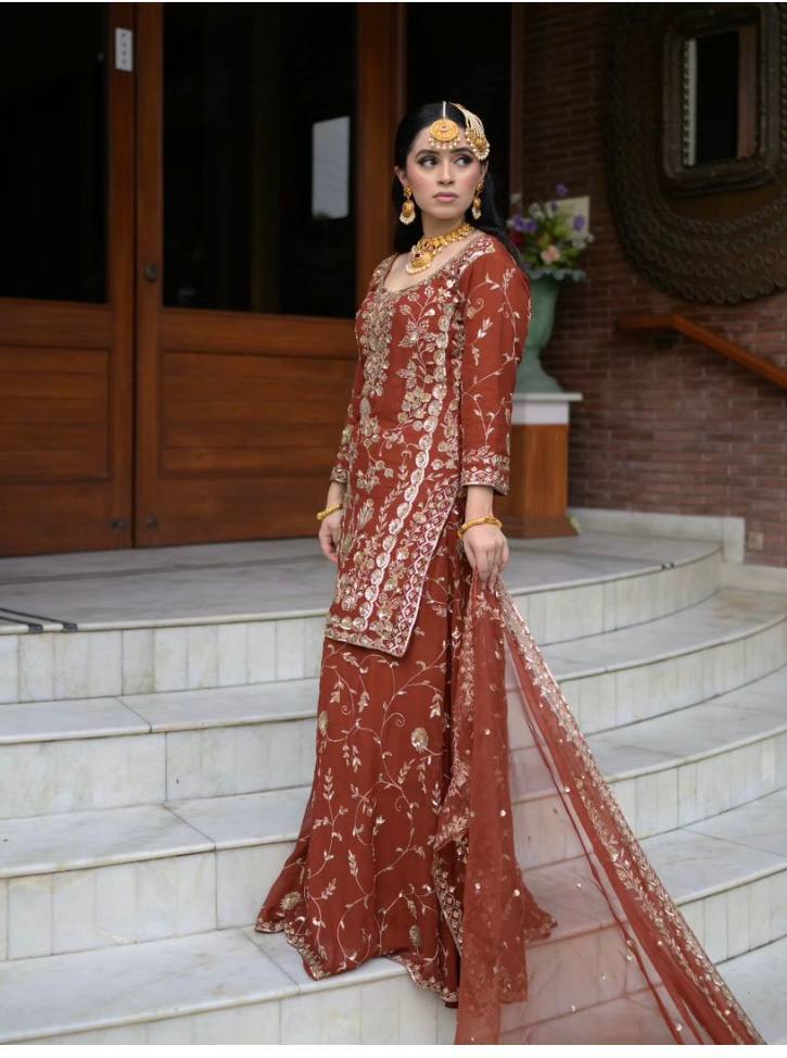 Royal Heritage Rust Embroidered Sharara Set