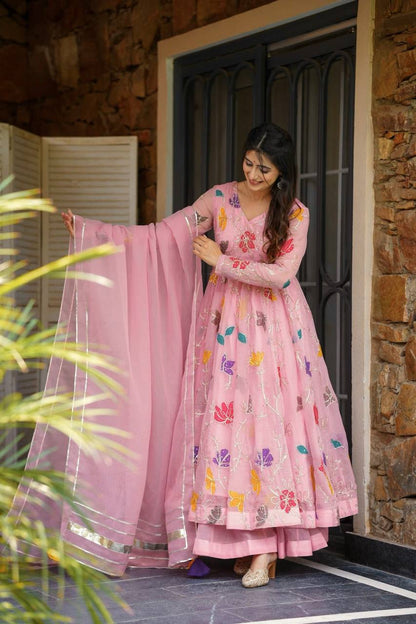 Rosy Bloom Charm Designer Party Wear Sharara Gown