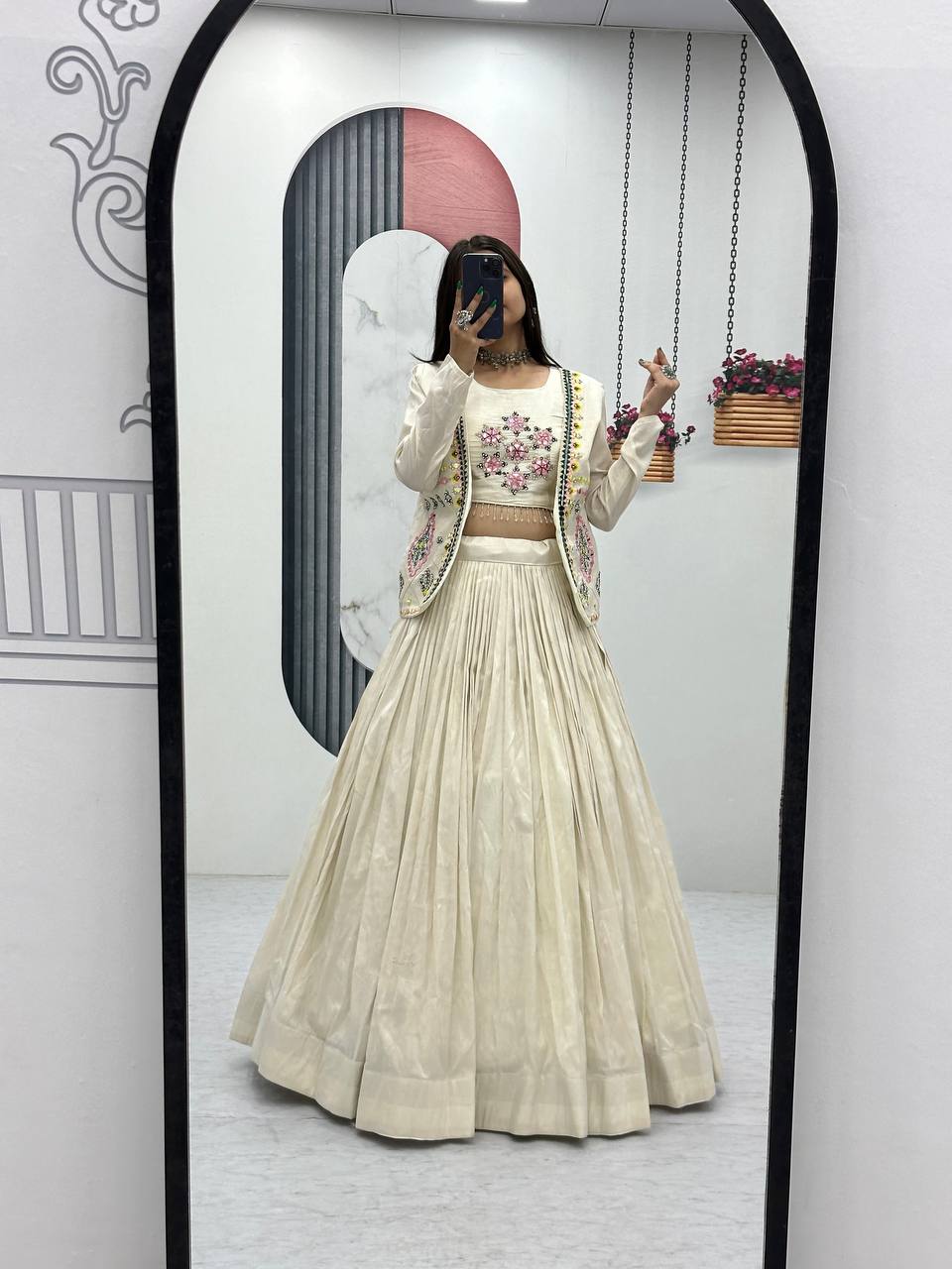 Noor-e-Nazaakat: Off-White Lehenga with Mirror Work Jacket
