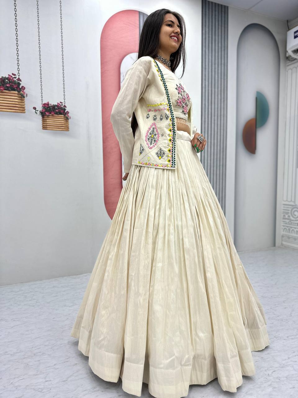 Noor-e-Nazaakat: Off-White Lehenga with Mirror Work Jacket