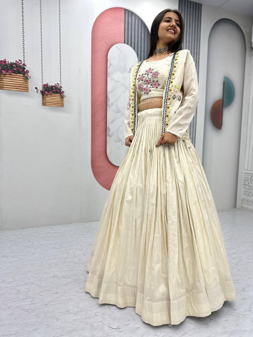 Noor-e-Nazaakat: Off-White Lehenga with Mirror Work Jacket