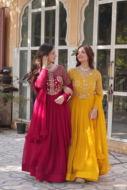 Anamika Faux Blooming Georgette Red & Yellow Gown