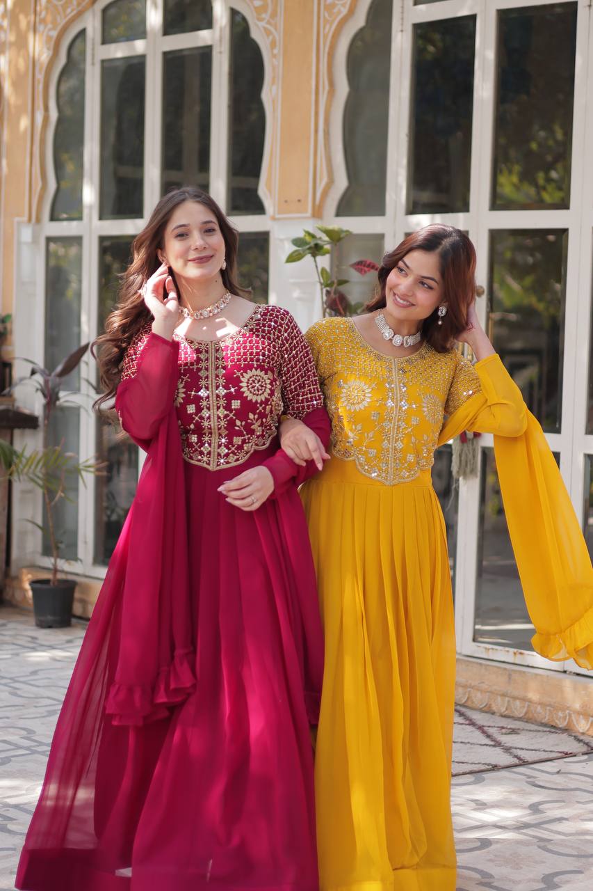 Anamika Faux Blooming Georgette Red & Yellow Gown