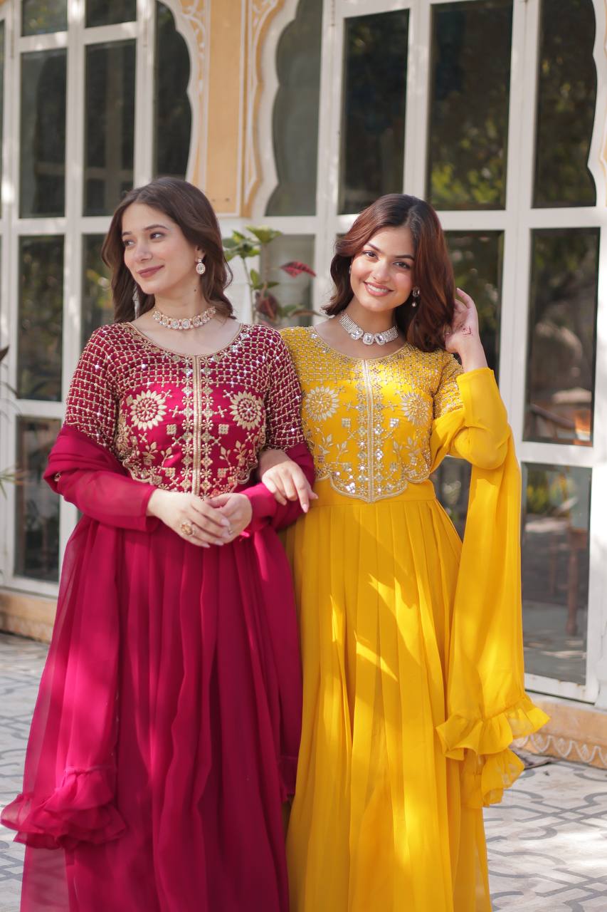 Anamika Faux Blooming Georgette Red & Yellow Gown