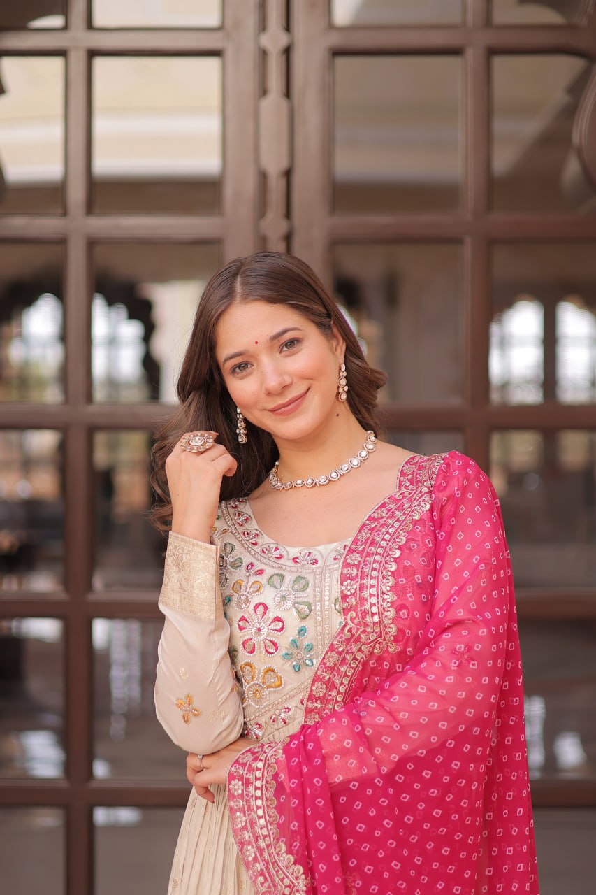 Navrang Bandhani Printed Embroidered Cut work Gown