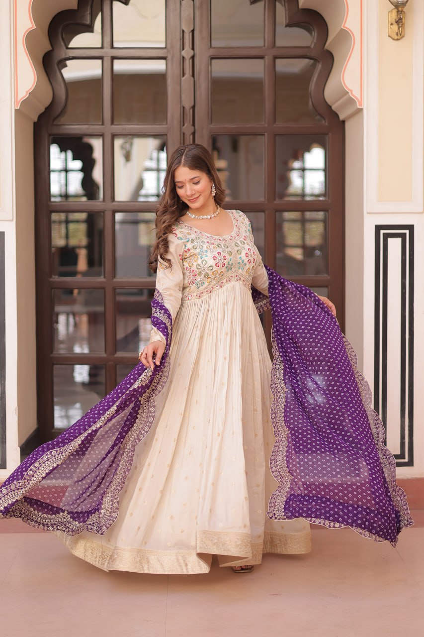 Navrang Bandhani Printed Embroidered Cut work Gown