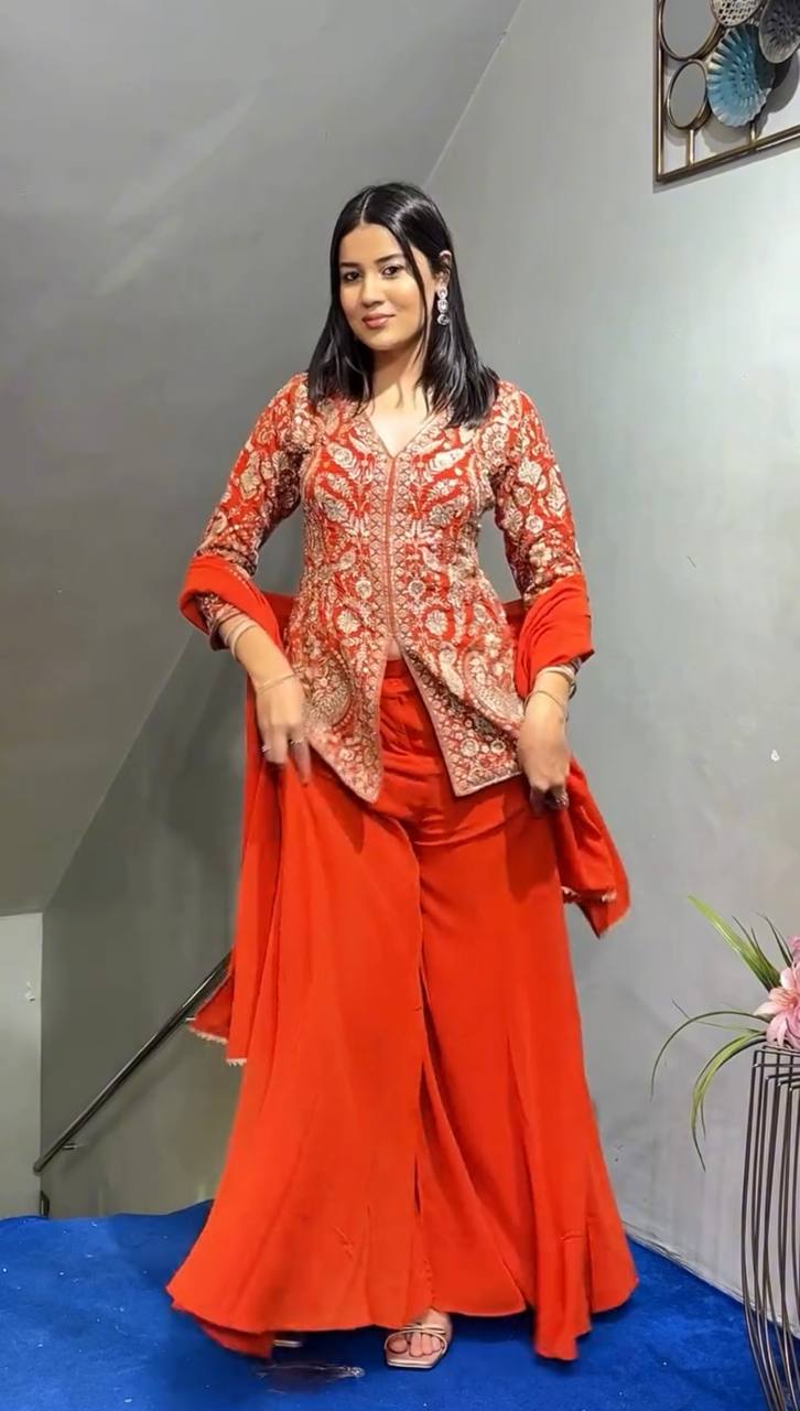 Elina Heavy Faux Georgette Top Plazzo & Dupatta Set