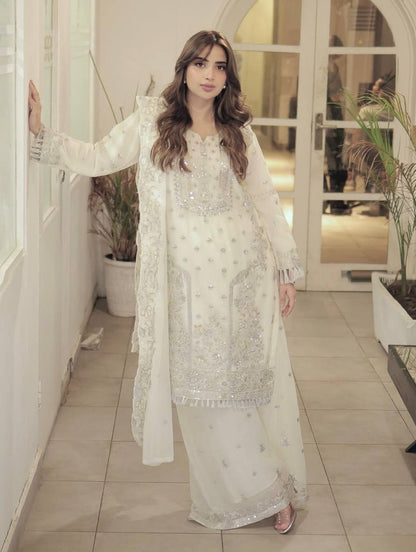 Aira White Real Hand Stone Work suit