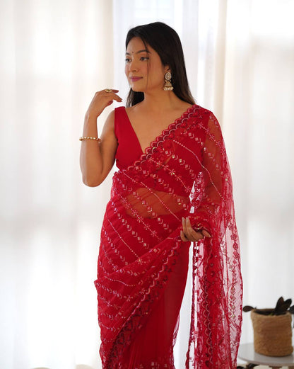 Red Classic Designer Cutwork Border Saree