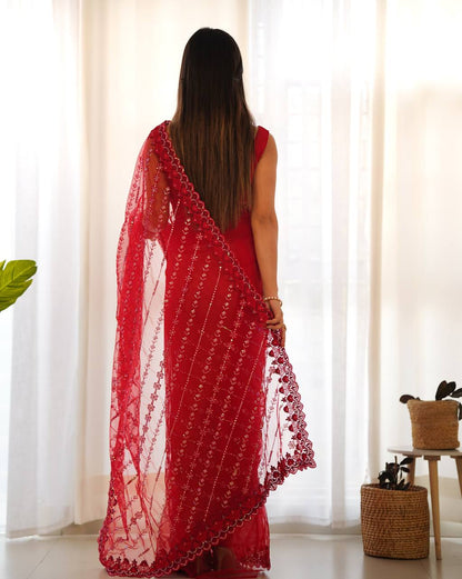 Red Classic Designer Cutwork Border Saree