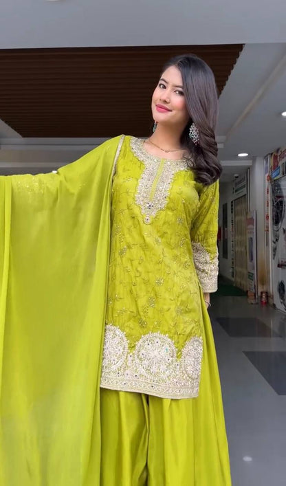 Swara Lime Green Beautifully Embroidered Sharara Suit