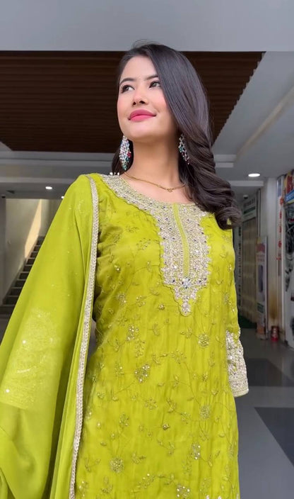 Swara Lime Green Beautifully Embroidered Sharara Suit