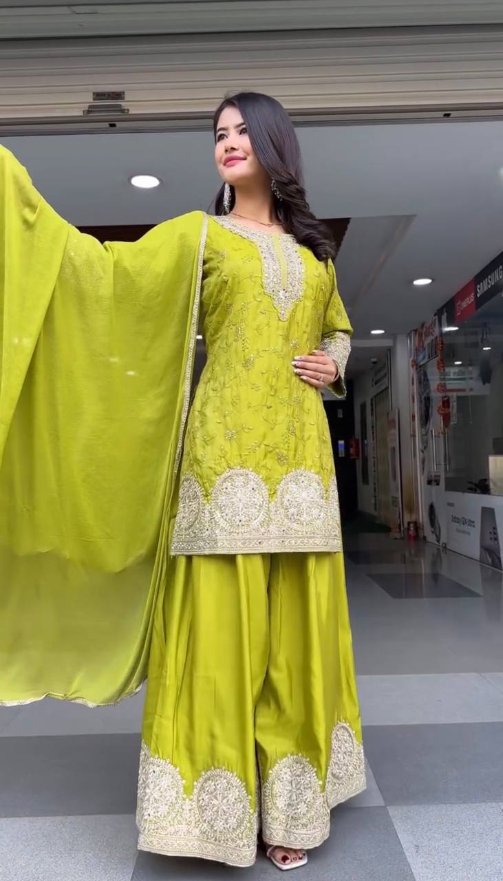 Swara Lime Green Beautifully Embroidered Sharara Suit