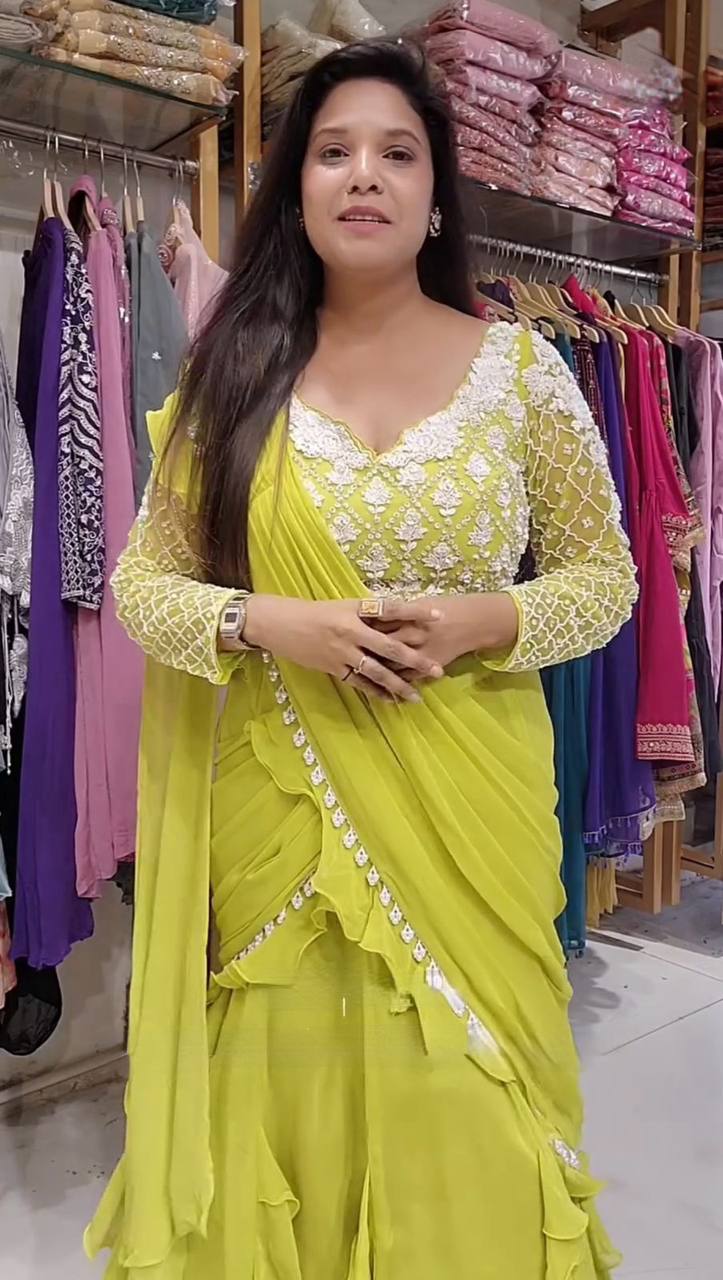 Lemon Yellow Long Sleeves Ruffles Lehenga Saree