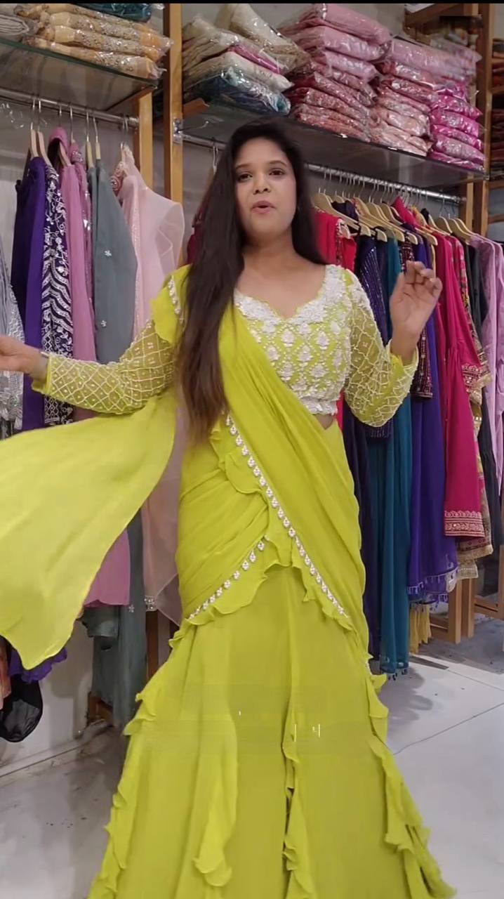 Lemon Yellow Long Sleeves Ruffles Lehenga Saree