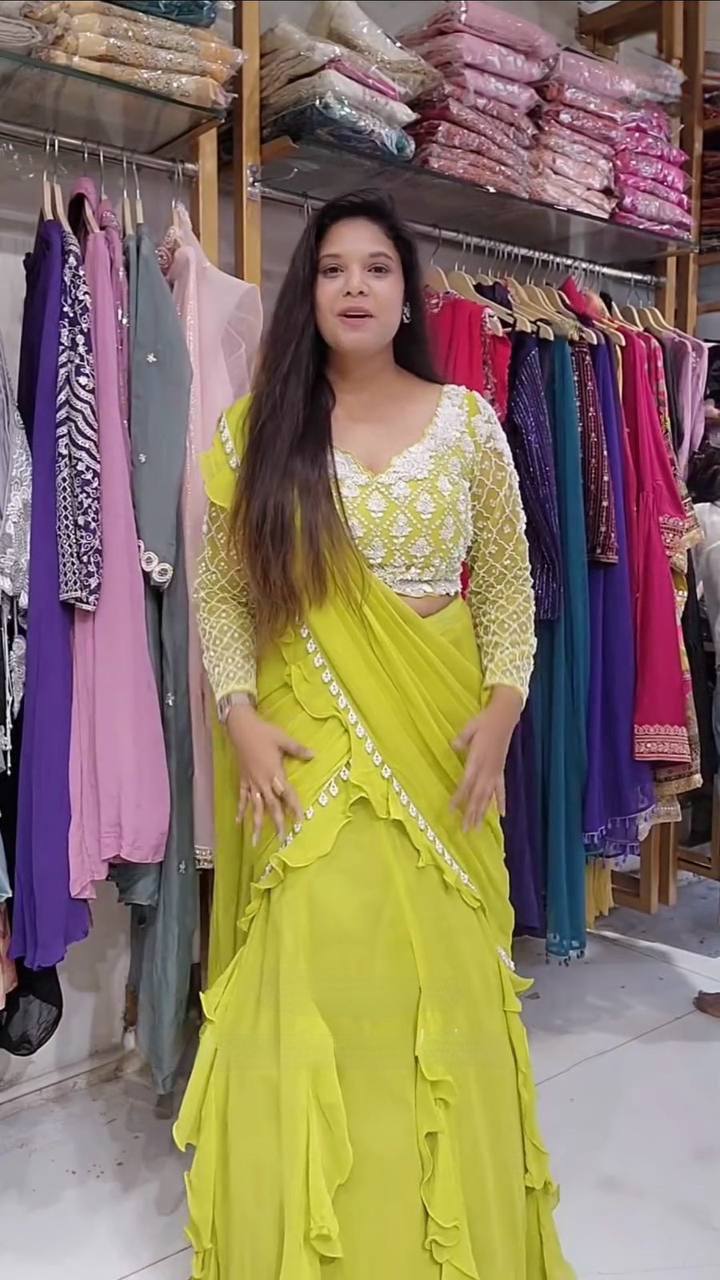 Lemon Yellow Long Sleeves Ruffles Lehenga Saree