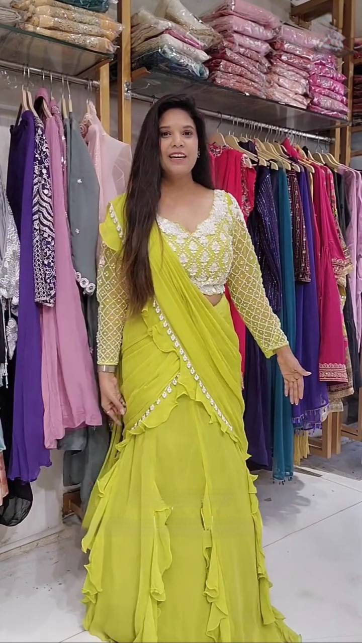 Lemon Yellow Long Sleeves Ruffles Lehenga Saree