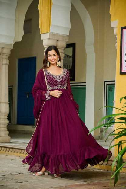 Majestic Maroon Embroidered Flowing Gown