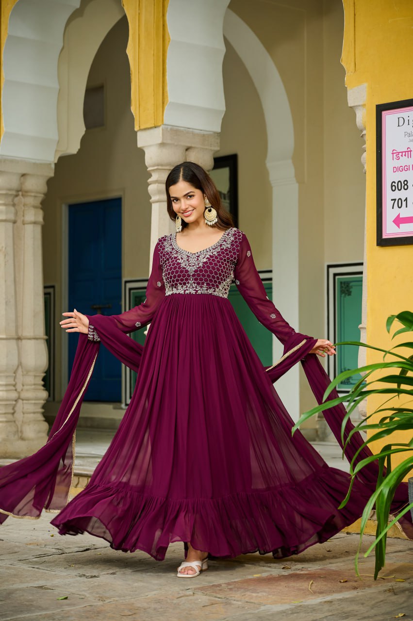 Majestic Maroon Embroidered Flowing Gown