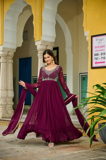 Majestic Maroon Embroidered Flowing Gown