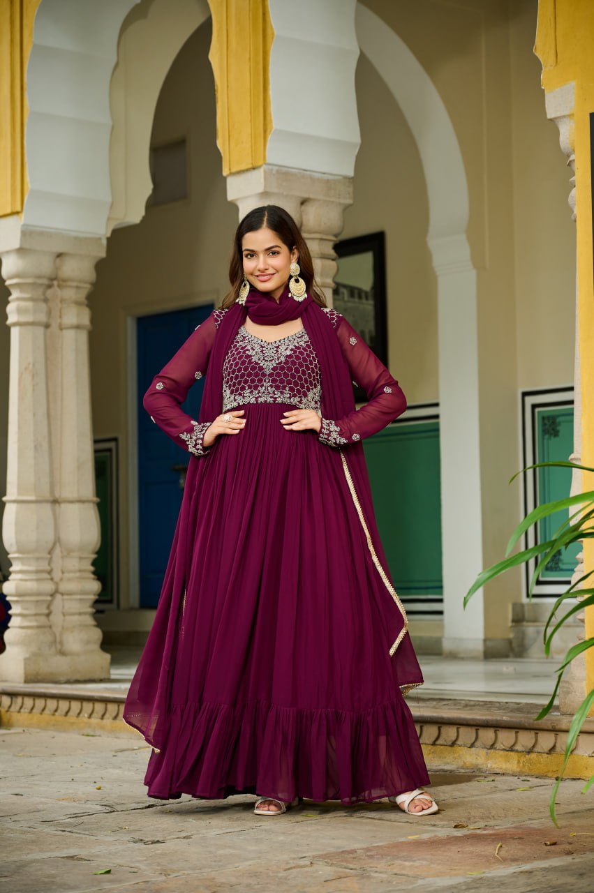 Majestic Maroon Embroidered Flowing Gown