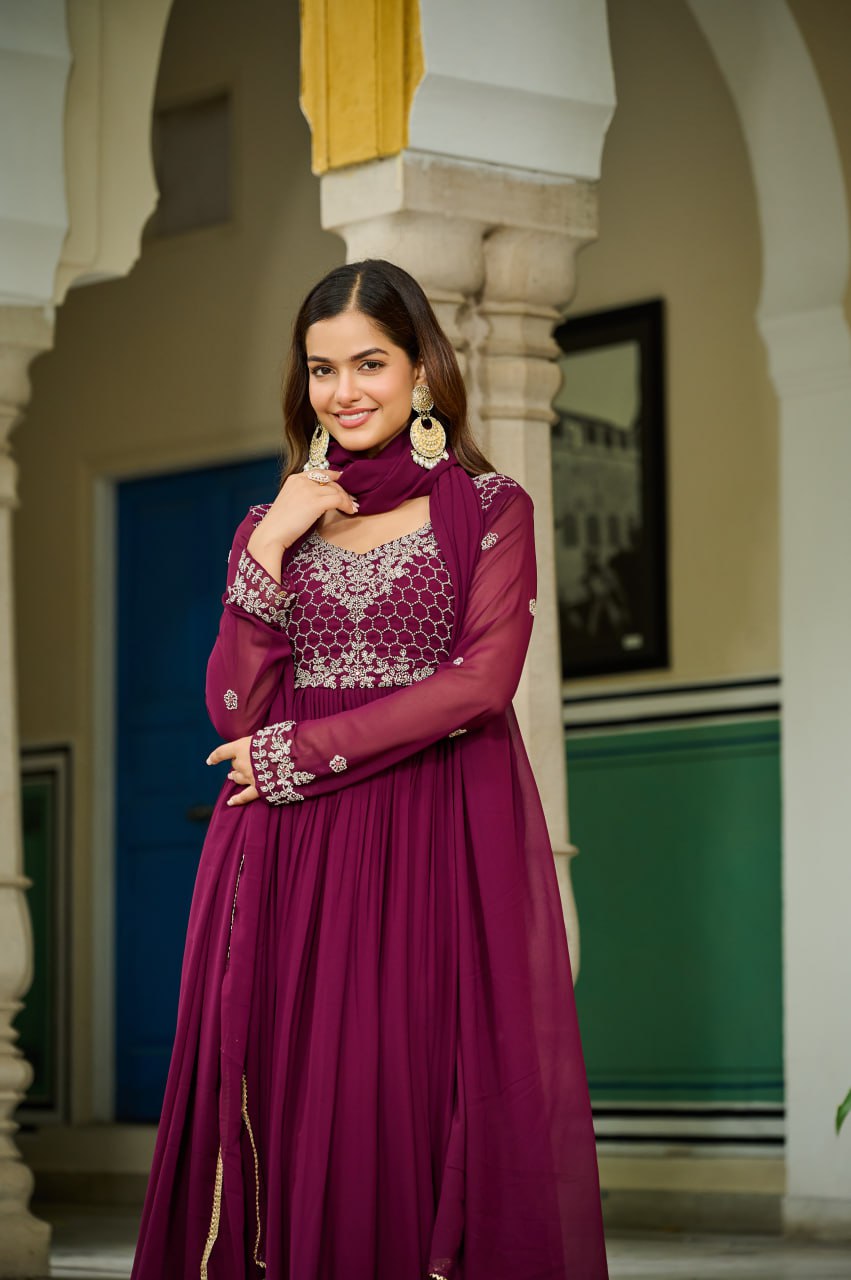 Majestic Maroon Embroidered Flowing Gown