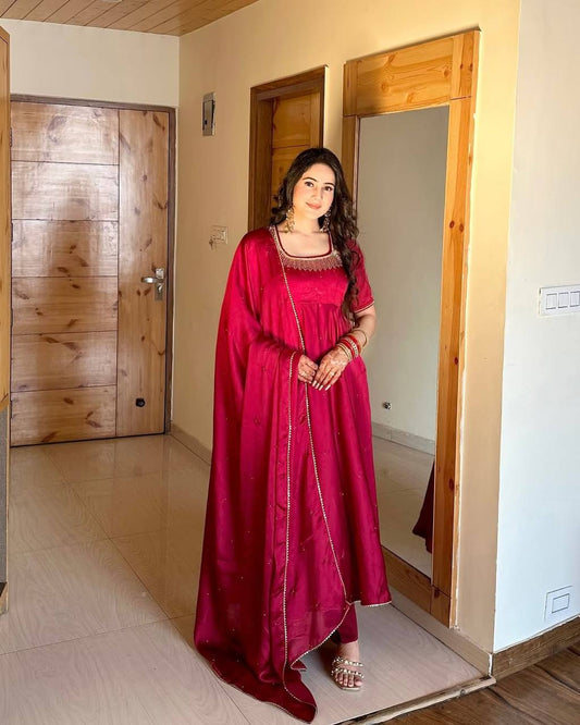 Sayra Red Fendy Silk Graceful Val Moti work Anarkali