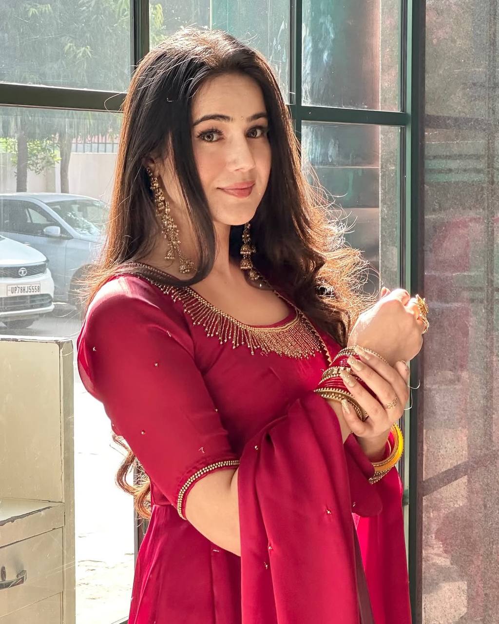 Sayra Red Fendy Silk Graceful Val Moti work Anarkali