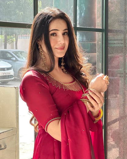 Sayra Red Fendy Silk Graceful Val Moti work Anarkali