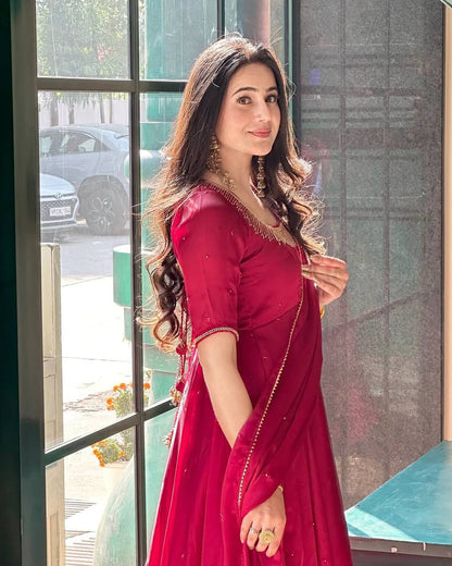 Sayra Red Fendy Silk Graceful Val Moti work Anarkali