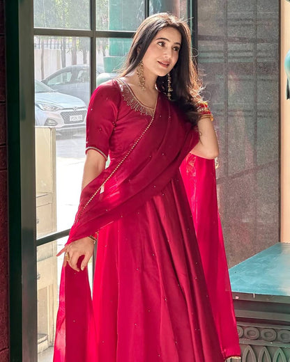 Sayra Red Fendy Silk Graceful Val Moti work Anarkali