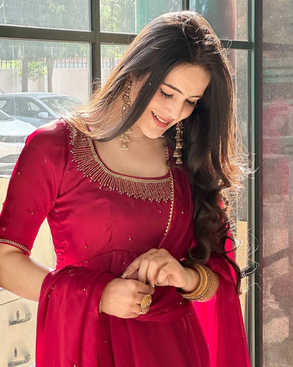 Sayra Red Fendy Silk Graceful Val Moti work Anarkali