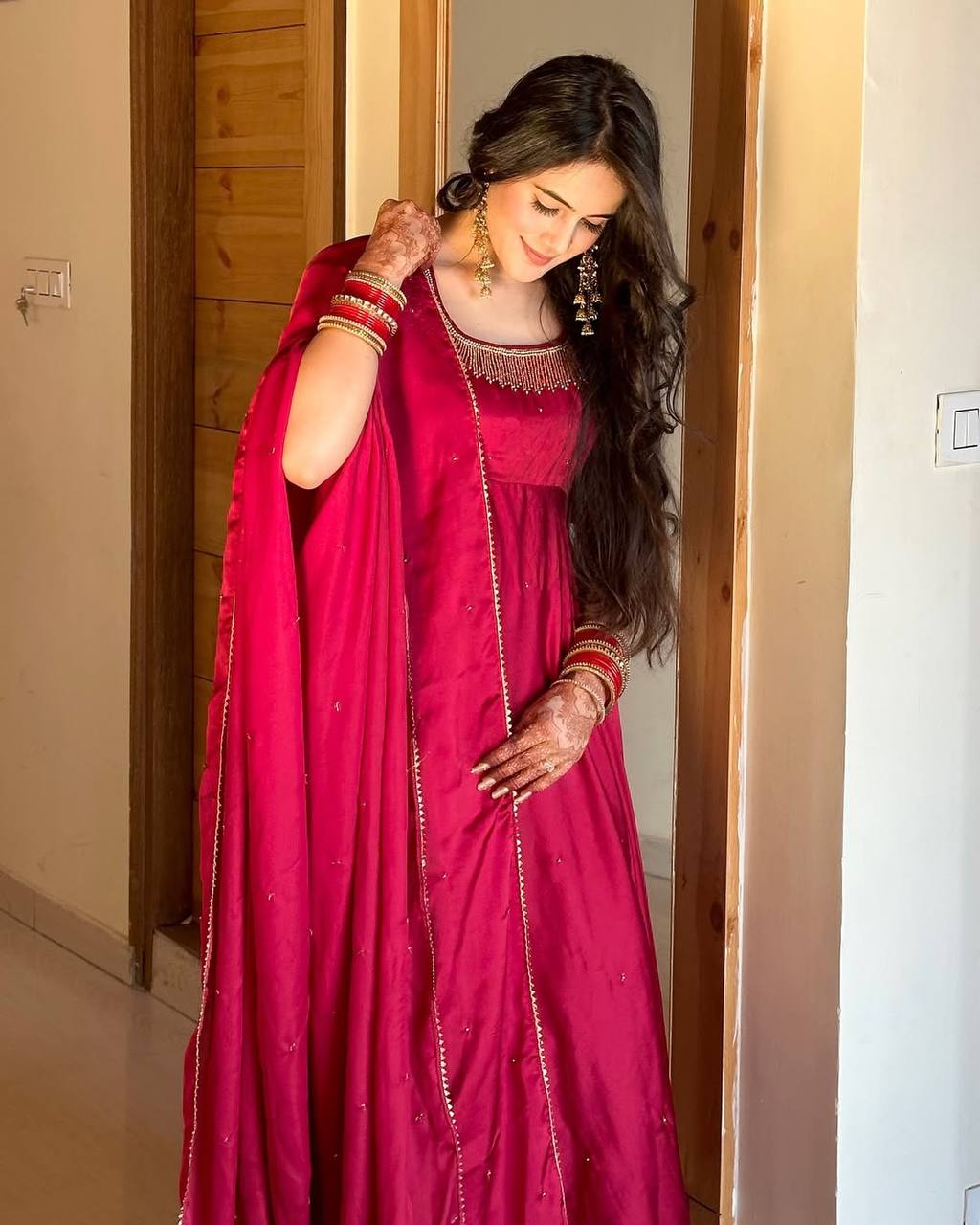 Sayra Red Fendy Silk Graceful Val Moti work Anarkali