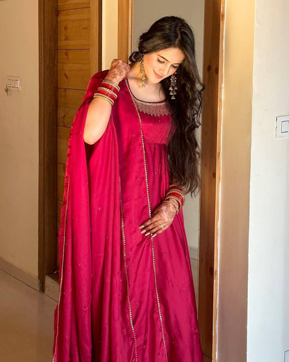 Sayra Red Fendy Silk Graceful Val Moti work Anarkali