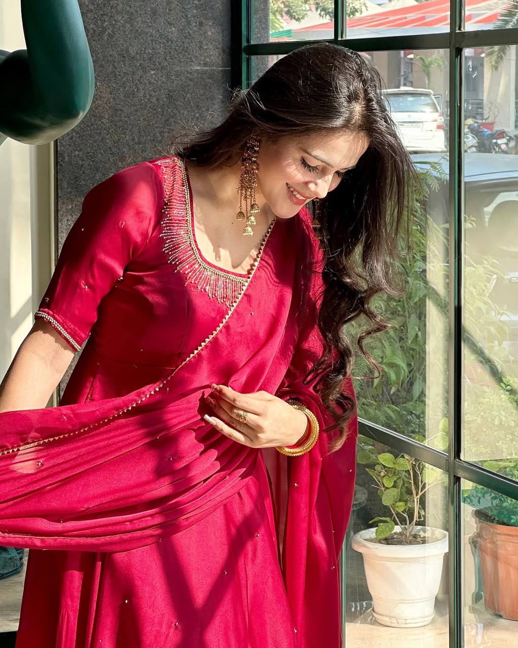 Sayra Red Fendy Silk Graceful Val Moti work Anarkali