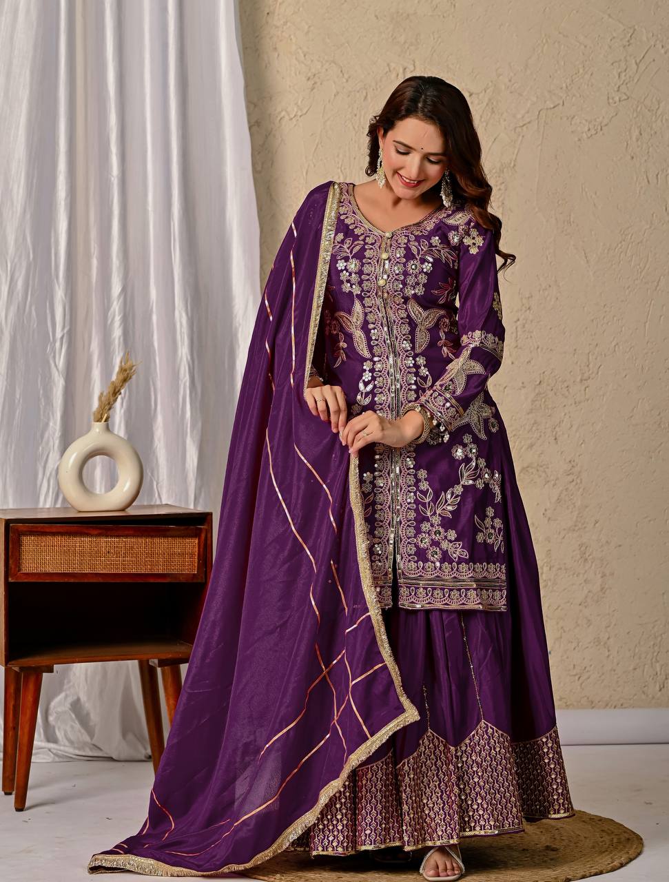 Ziya Purple Chinnon Silk Party Wear Sharara