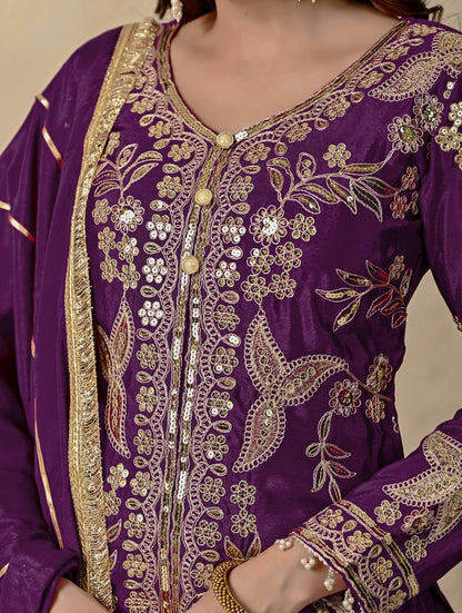 Ziya Purple Chinnon Silk Party Wear Sharara