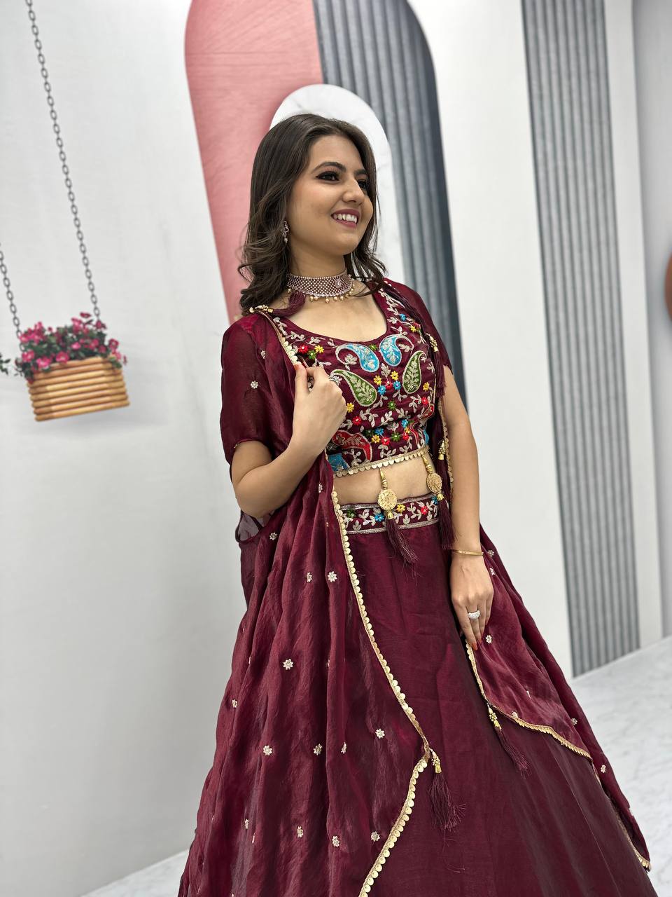 Vaidehi  Embroidered Crop Top With Floral Lahenga Choli