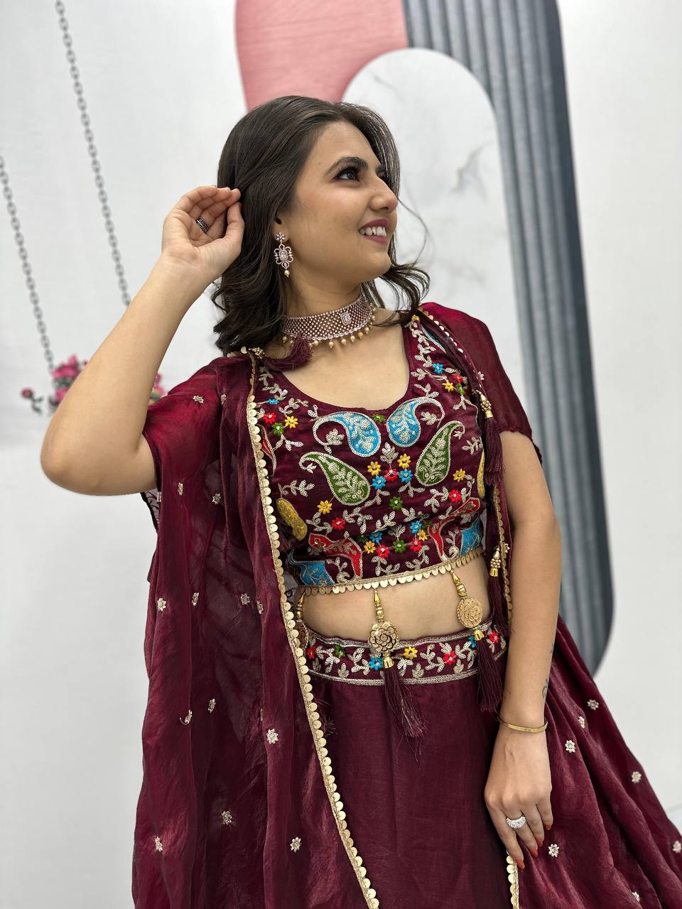 Vaidehi  Embroidered Crop Top With Floral Lahenga Choli