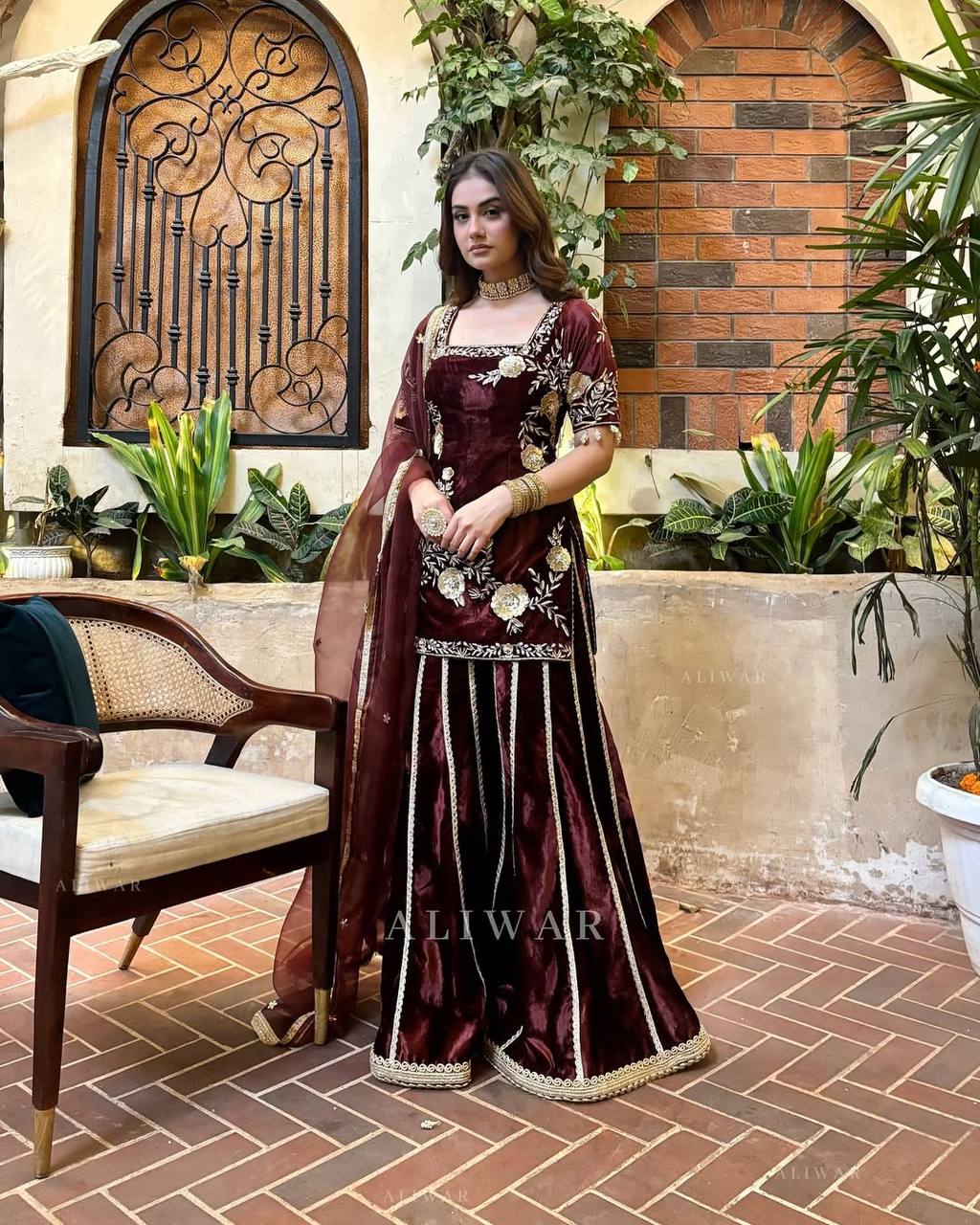 Rozi Maroon Velvet Embroidered Palazzo Set