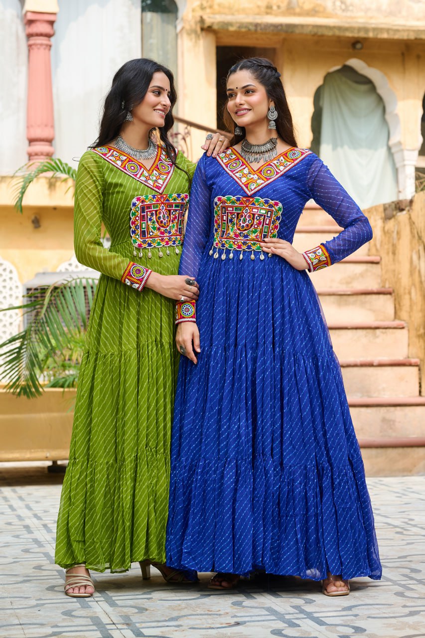 Navrang Twirl Magic: Mirror Embroidered Tiered Flare Gown